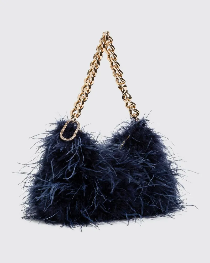 Twin-Set Handtasche aus Stoff mit synthetischen Federn und Strass Blau