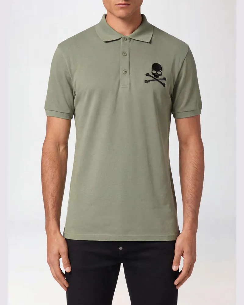 Philipp Plein Kurzärmeliges Baumwoll-Polohemd mit Skull-Print und französischem Kragen Grün