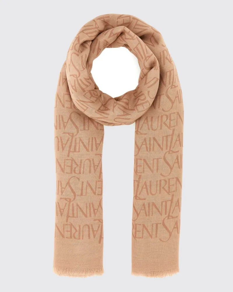 Saint Laurent Jacquard-Logo-Schal aus Modal und Kaschmir mit Fransenrändern Beige