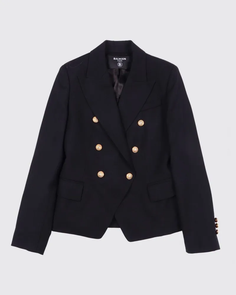 Balmain Zweireihiger Jungen-Blazer von aus reiner Schurwolle Schwarz