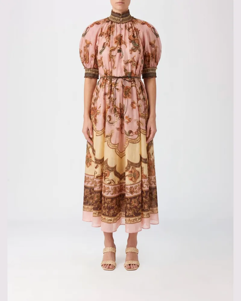 Zimmermann Geblümtes Midi-Seidenkleid mit Puffärmeln Pink