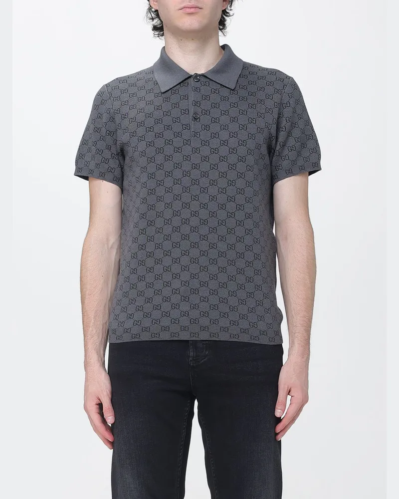 Gucci Strick-Poloshirt aus Woll-Seiden-Mischung mit GG-Jacquard-Monogramm Grau