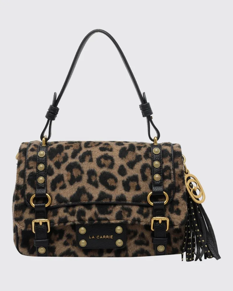 LA CARRIE Atena Schultertasche mit Animal-Print, Quasten und Logo-Anhänger Schwarz