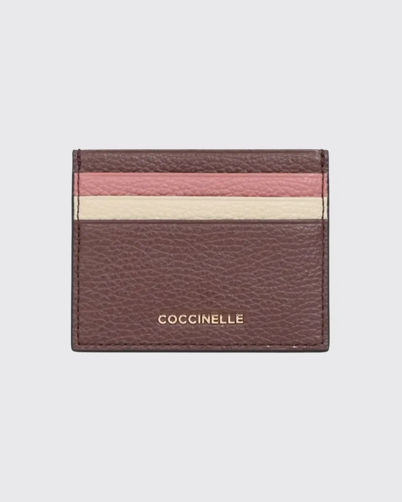 Coccinelle Flacher Kartenhalter aus genarbtem Leder mit mehrfarbigem Streifenmuster Puder