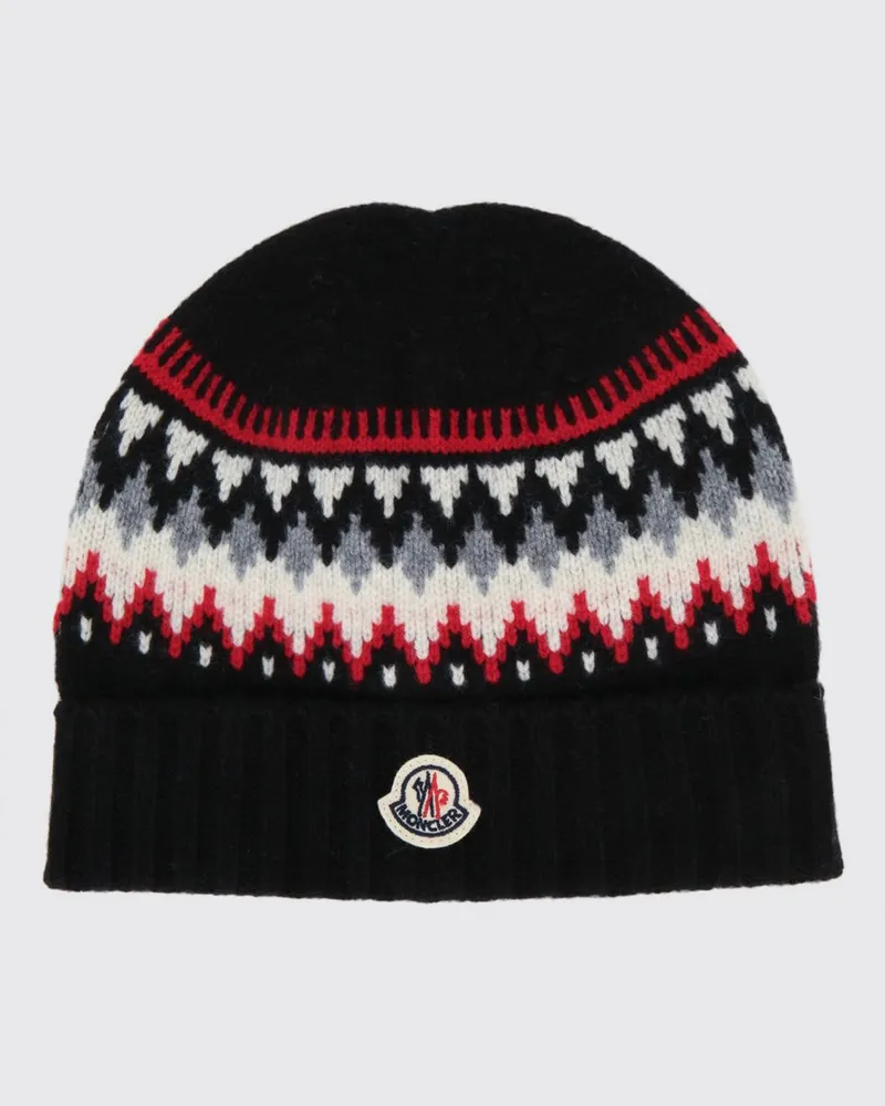Moncler Woll-Kaschmir-Mütze für Jungen mit Ethno-Muster und Umschlag Schwarz
