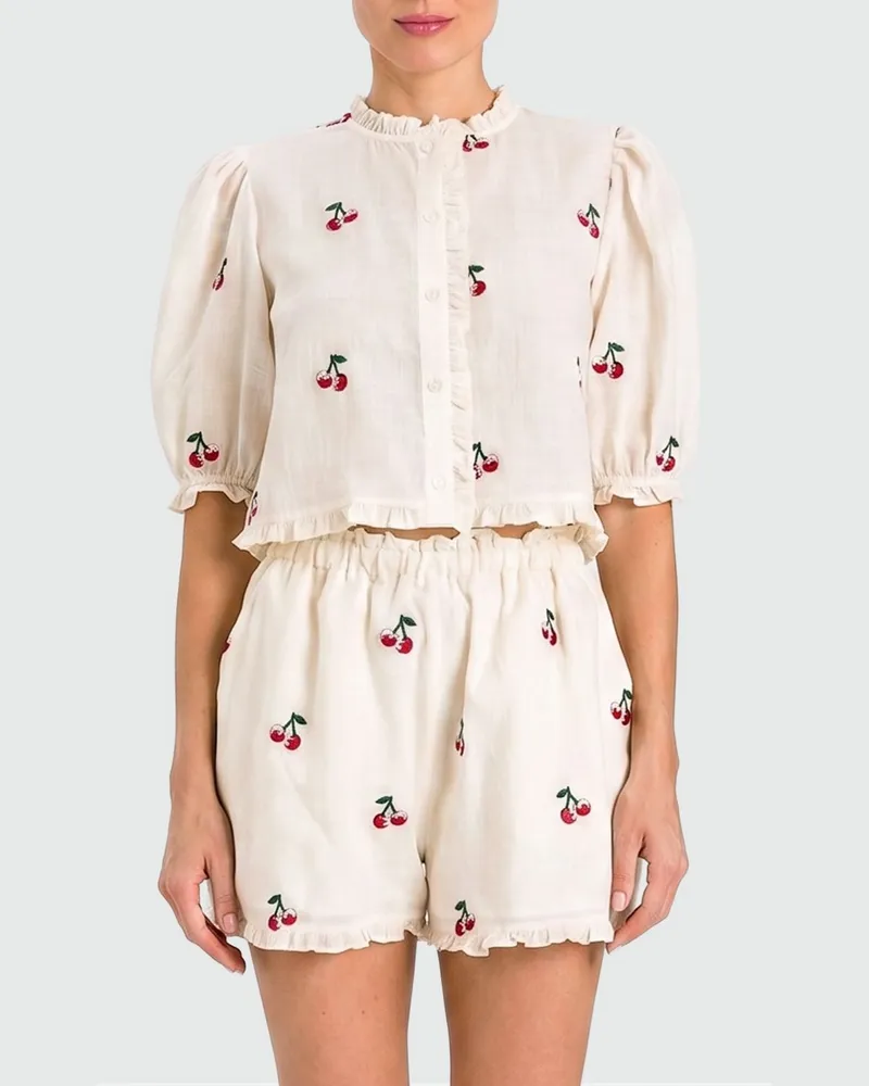 Twin-Set Cropped-Hemd aus Ramie mit Kirschstickerei Cherry