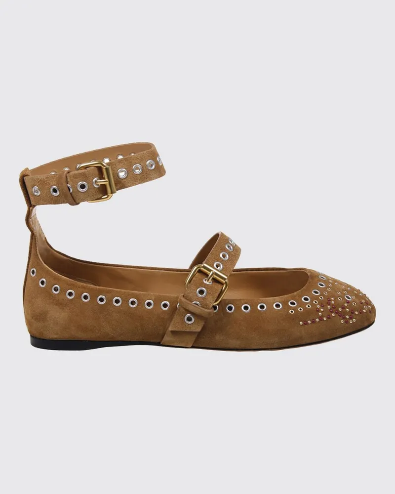 Isabel Marant Ylza Mary-Jane-Ballerinas aus Veloursleder mit Nieten und Ösen Beige