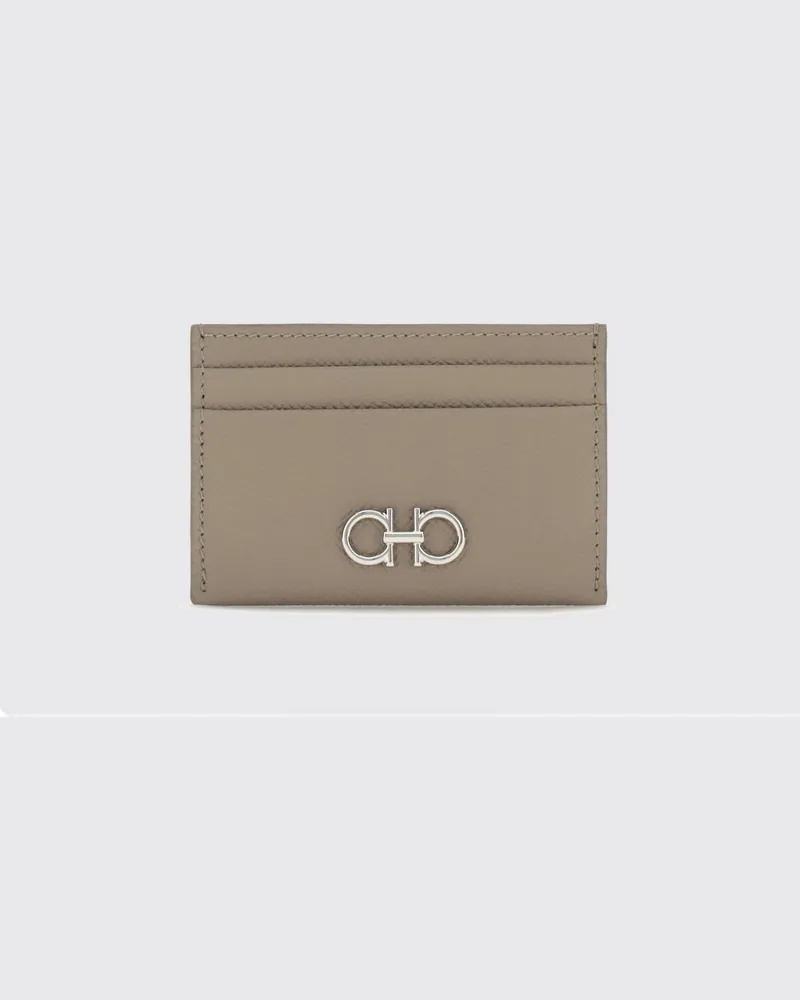 Ferragamo Gancini Kartenetui aus Kalbsleder mit metallischem Logo Grau