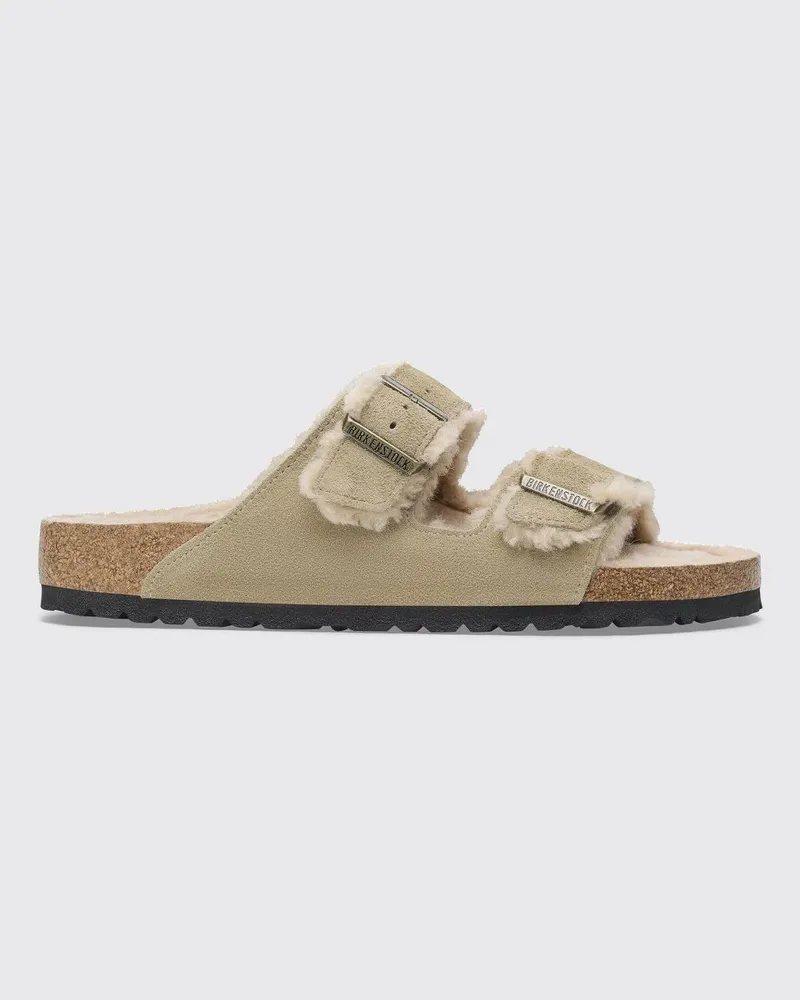 Birkenstock Arizona Sandalen aus Veloursleder mit Shearling-Futter und Schnallen Taubengrau
