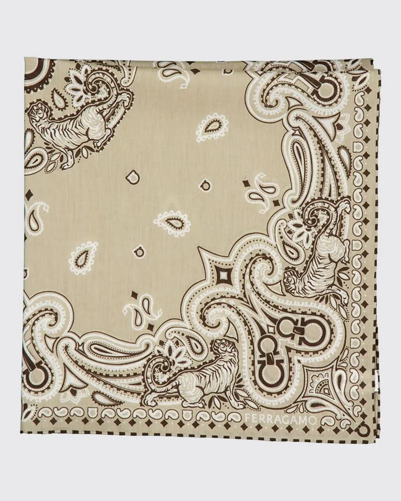 Ferragamo Quadratisches Arabesque-Foulard aus Baumwolle und Seide mit Bandana-Druck Beige