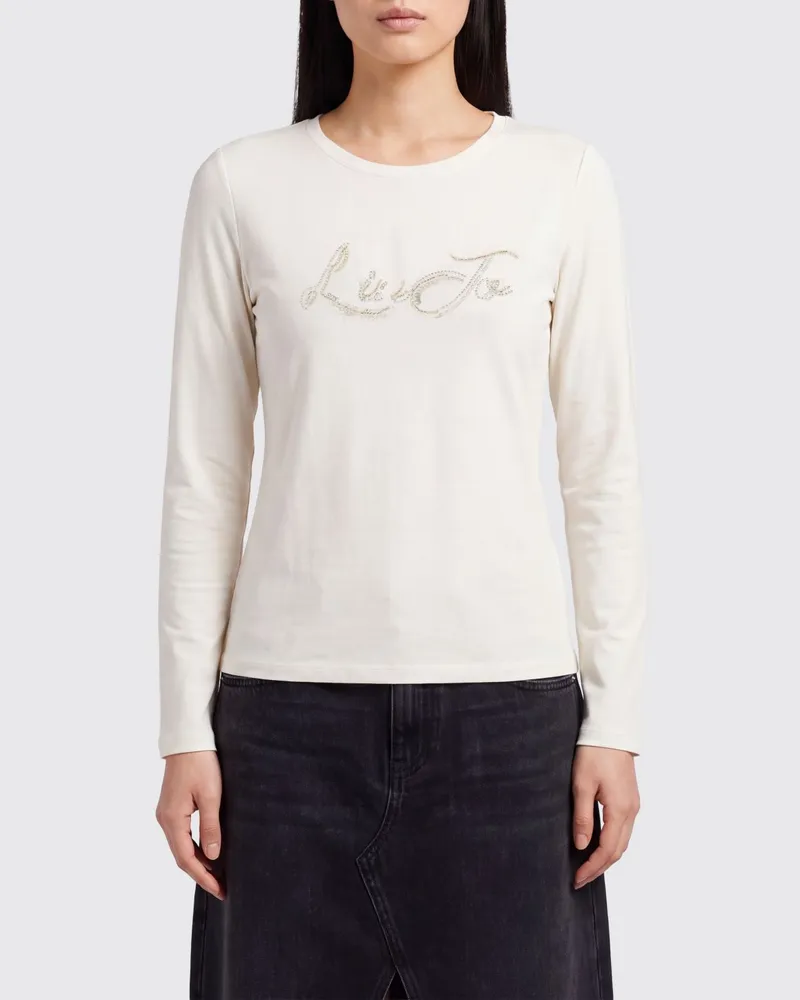 Liu Jo Langärmeliges Slim Fit T-Shirt aus Baumwolle mit Strass-Logo Weiß