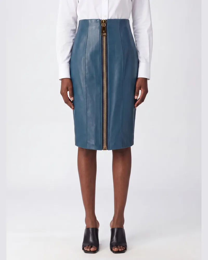 Balmain Midi-Bleistiftrock von aus Lammleder mit hohem Bund und Schlitz Blau