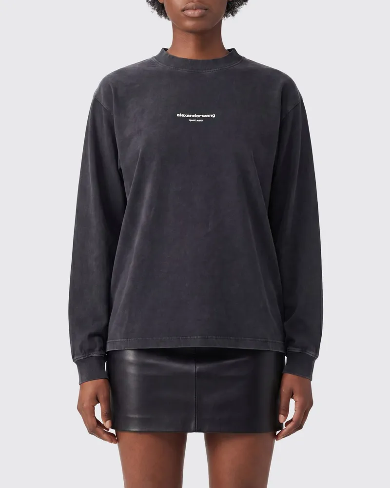 Alexander Wang Langärmeliges Baumwoll-T-Shirt von mit Kontrastlogo Schwarz