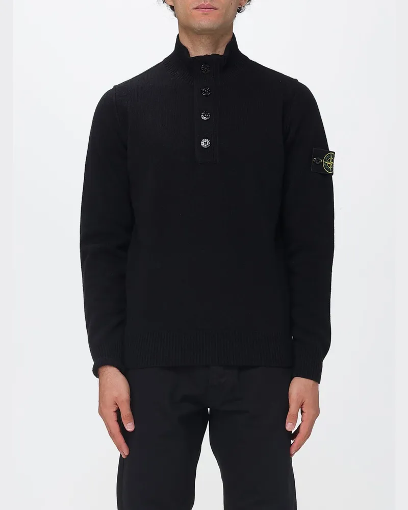 Stone Island Hochgeschlossener Wollpullover mit Kompass-Logo-Patch und Knopfverschluss Schwarz