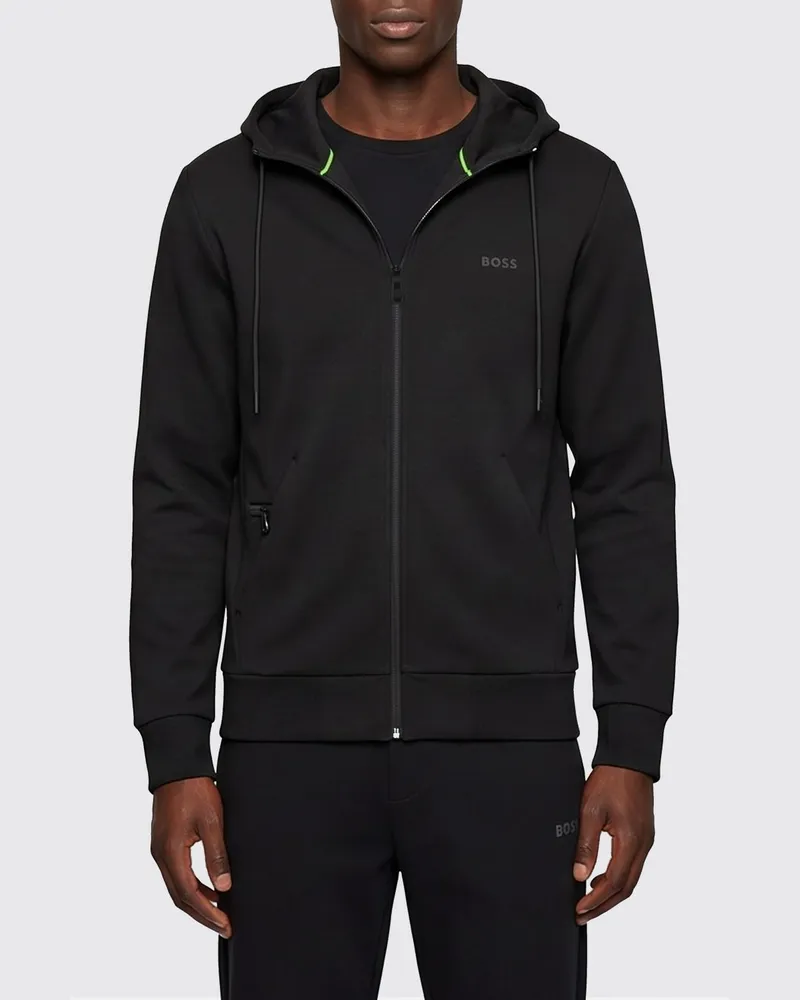 HUGO BOSS Saggy Kapuzenpullover aus Baumwolle mit Reißverschluss und Logo-Schriftzug Schwarz