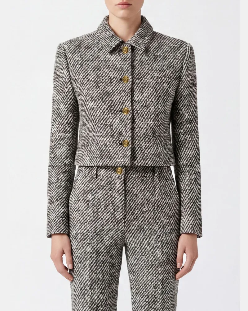 Versace Cropped Einreiher-Blazer aus Schurwolle mit Chevron-Muster Weiß