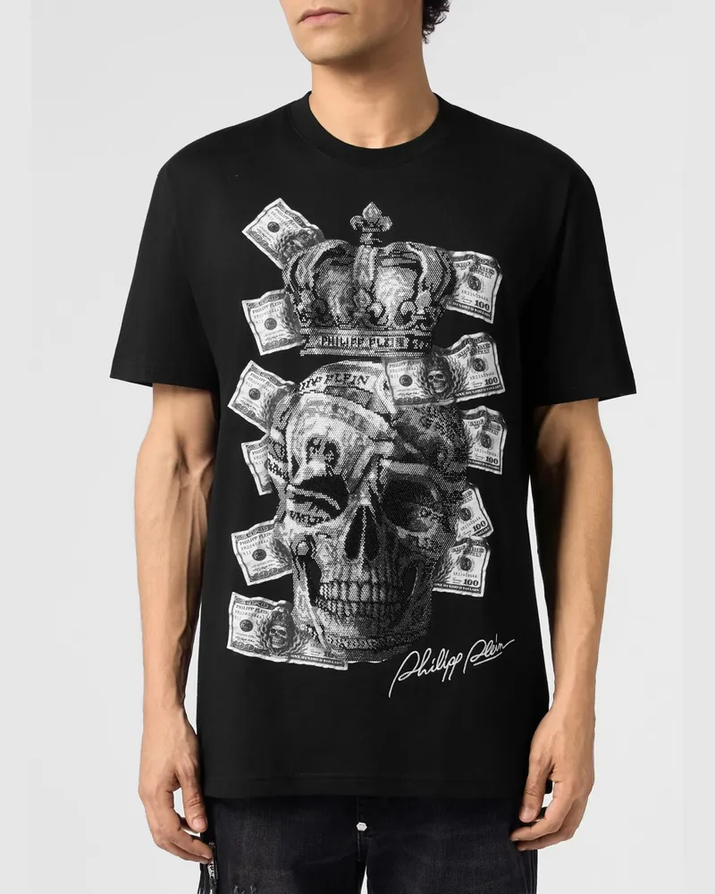 Philipp Plein Baumwoll-T-Shirt mit strassverziertem Totenkopf-Print Schwarz