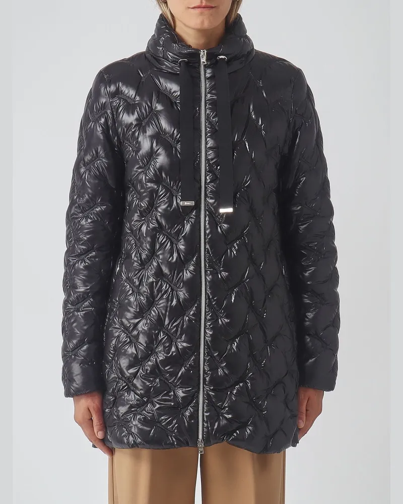 Herno Langer Daunenmantel in Slim Fit aus gestepptem Nylon mit Stehkragen und Reißverschluss Schwarz