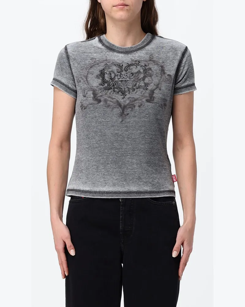 Diesel Slim-Fit-T-Shirt aus Baumwolle mit Strass-Logo vorne Grau