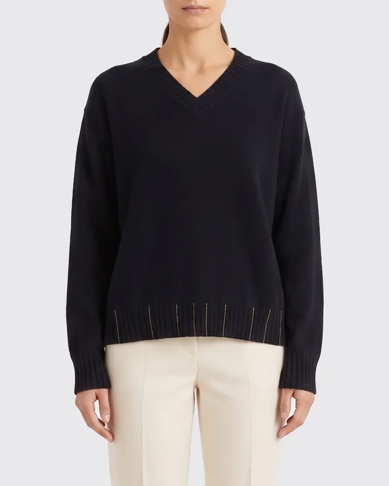 Fabiana Filippi V-Ausschnitt-Pullover aus Wolle Seide und Kaschmir mit Schmuckdetail Schwarz