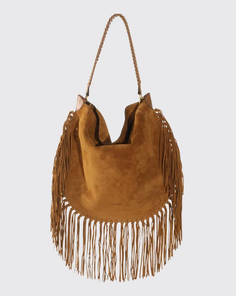 Isabel Marant Schultertasche aus Veloursleder mit Fransen Braun