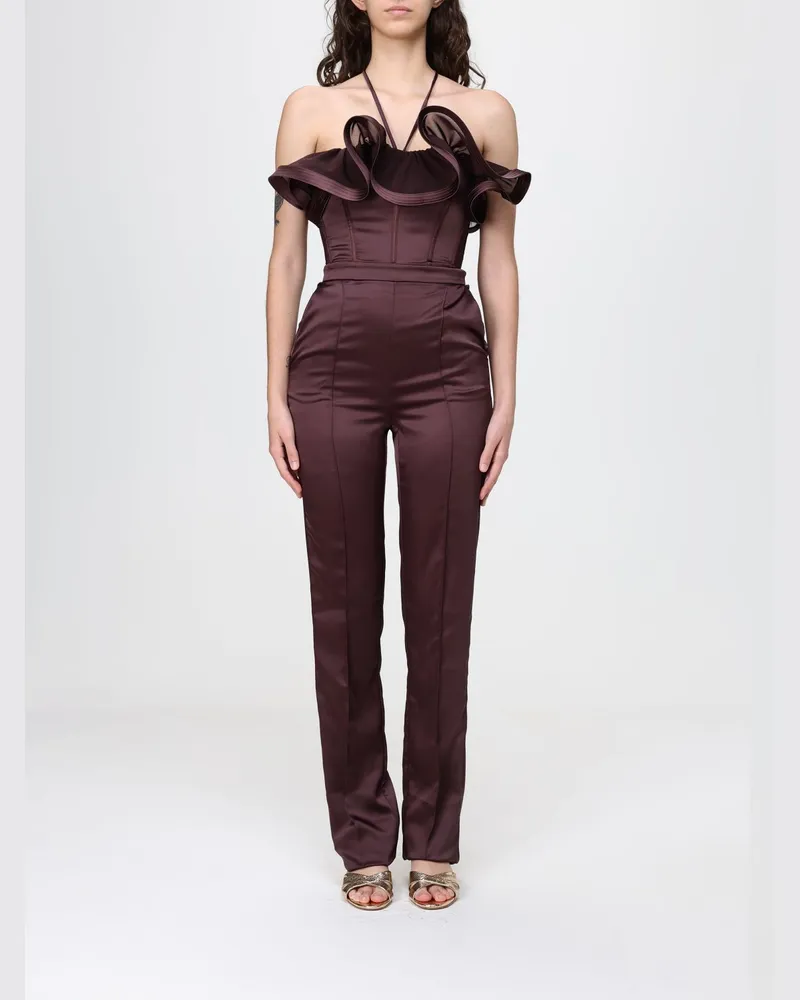Elisabetta Franchi Schmal geschnittener Satin-Overall mit Rüschen und schulterfreiem Design Kakao