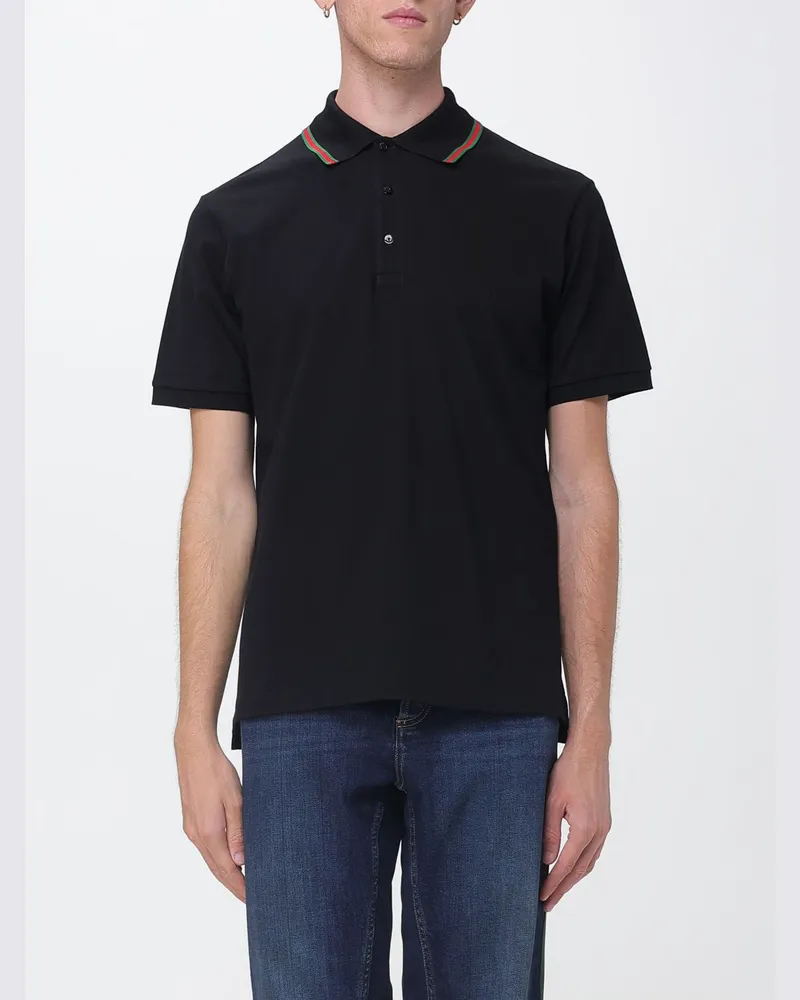 Gucci Kurzärmeliges Poloshirt aus Baumwolle mit Web-Detail und Kontrastbesatz Schwarz