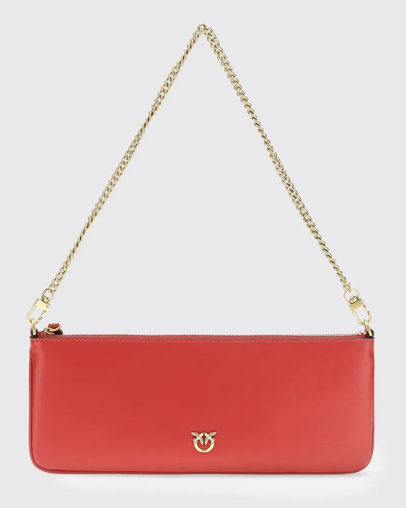 Pinko Horizontal Flat Schultertasche aus Leder mit Love-Birds-Logo Rot