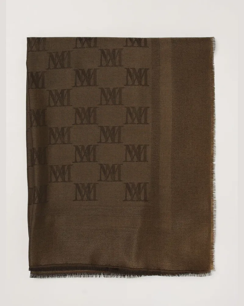 Max Mara Stola aus Wolle und Seide mit Jacquard-Monogramm und Fransen Grün