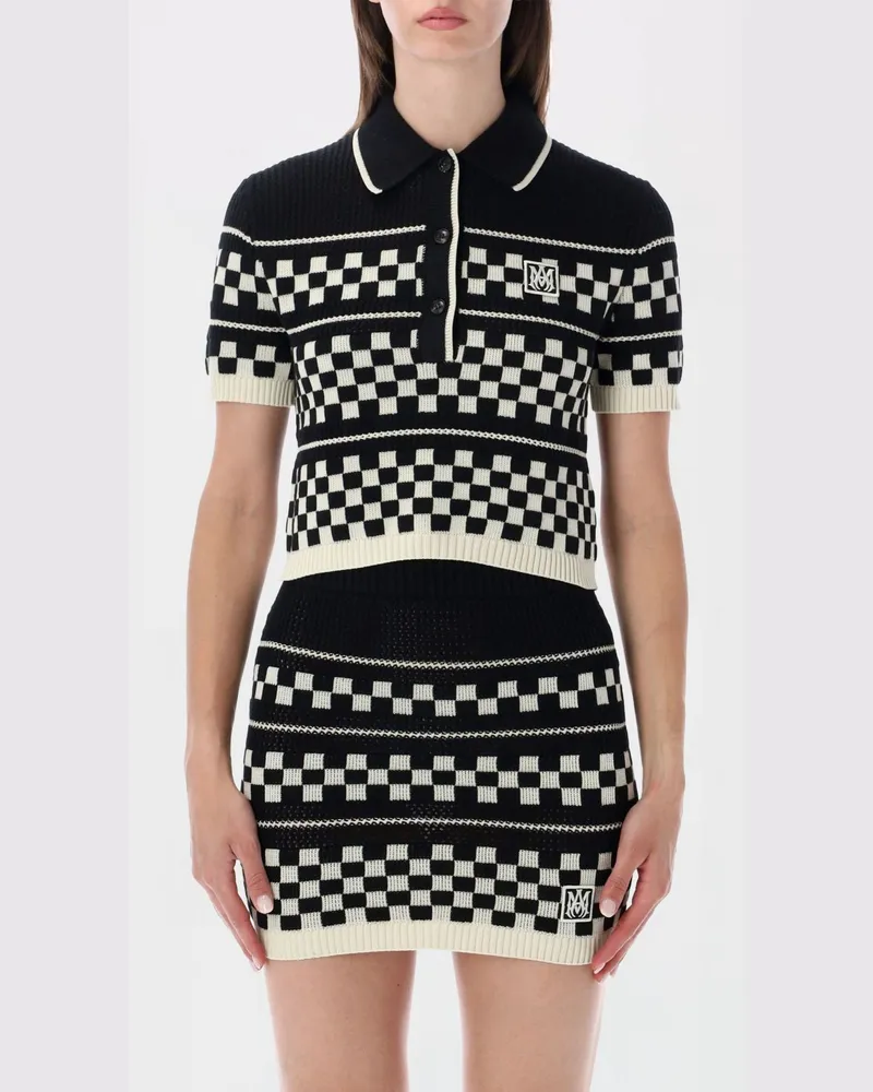 Amiri Kurzärmeliges Poloshirt aus Wollstrick von mit Karomuster und französischem Kragen Schwarz