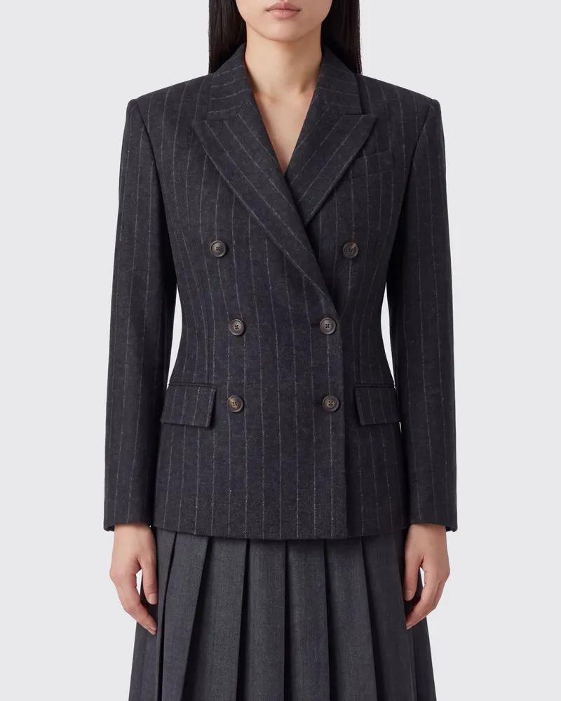 Brunello Cucinelli Kurzer Zweireiher-Blazer aus Nadelstreifen-Wolle mit fallendem Revers Grau