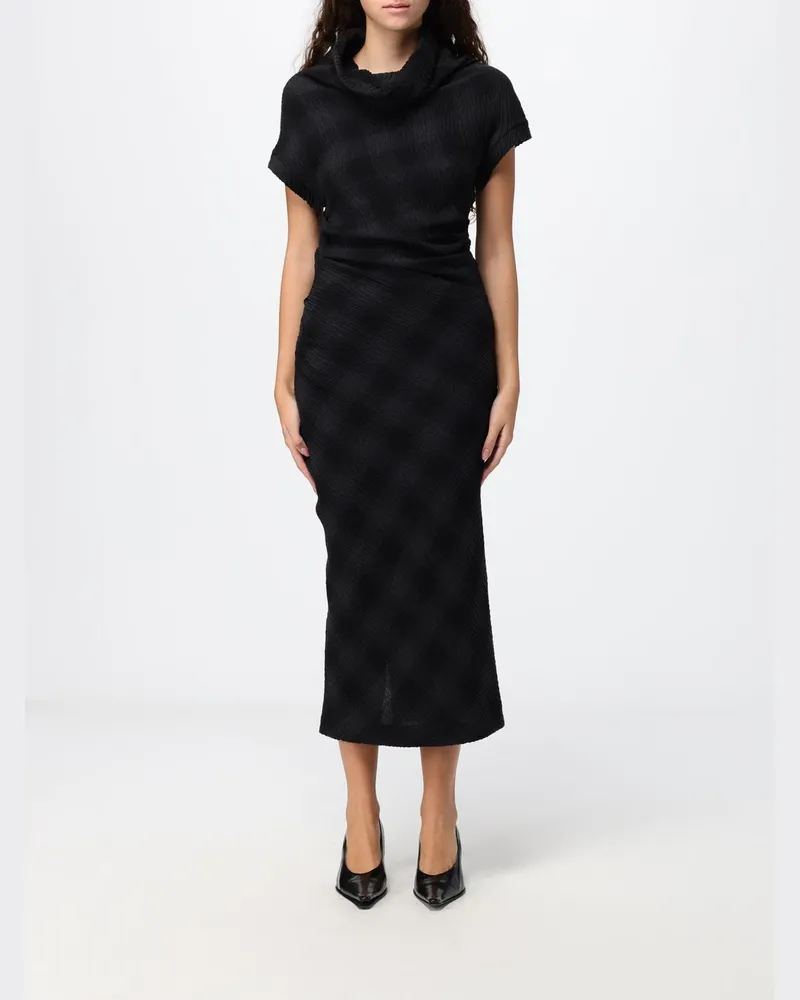 TELA Midi-Etuikleid aus Wollmisch-Strick mit Karomuster und U-Ausschnitt Charcoal