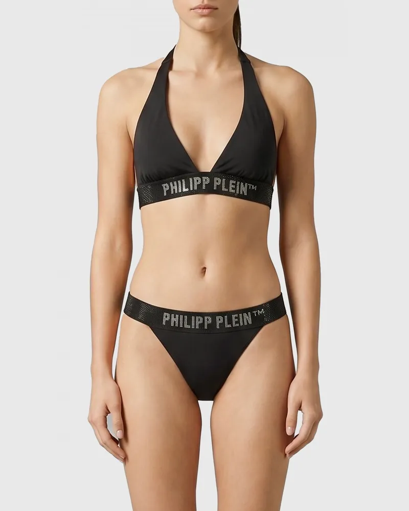 Philipp Plein Triangel-Bikini-Top aus Polyamid mit Strass-Logo Schwarz