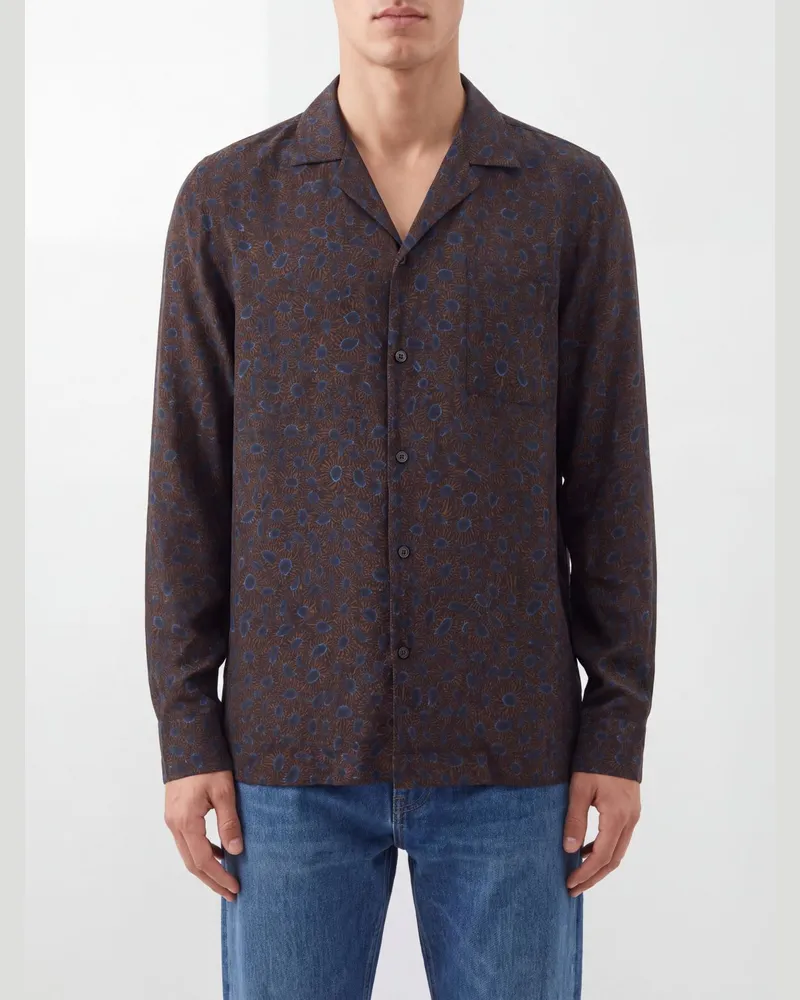 Dries van Noten Baumwollhemd mit Ethno-Print und kubanischem Kragen von Braun