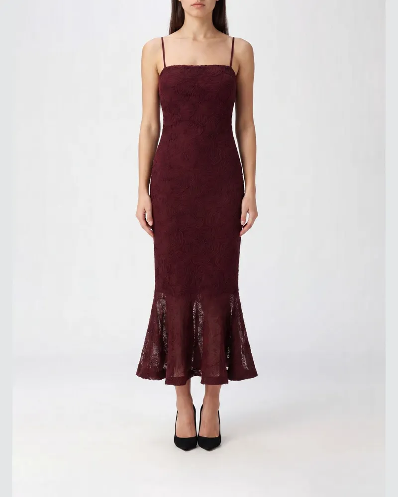 ROTATE Birger Christensen Ausgestelltes Midi-Cocktailkleid mit eckigem Ausschnitt und Blumenmuster Burgunderrot