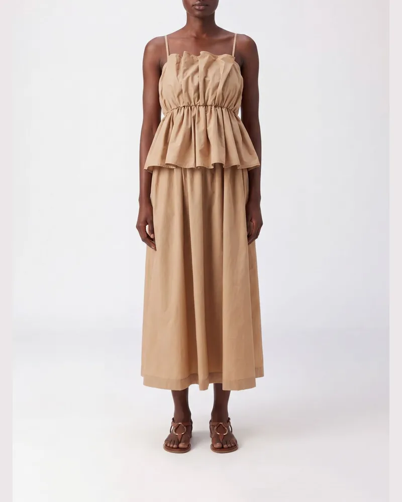 Twin-Set A-Linien-Midikleid aus Baumwolle mit eckigem Ausschnitt und dünnen Trägern Natural