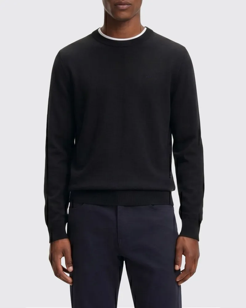 HUGO BOSS Basic Baumwoll-Rundhals-Strickoberteil Schwarz