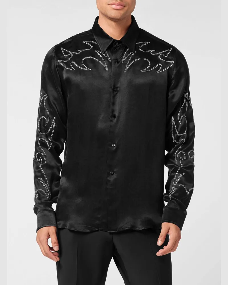 Philipp Plein Slim Fit Seidenhemd mit Flammen-Print und Strasssteinen Schwarz