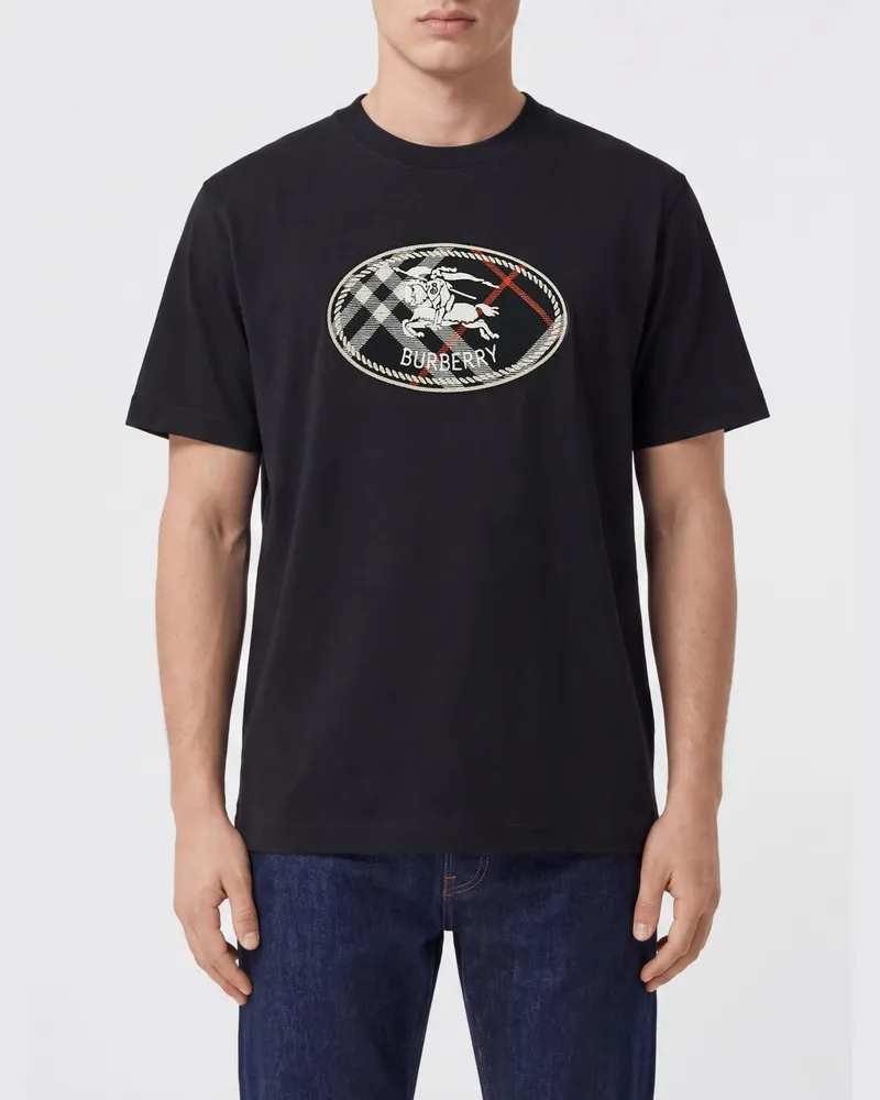 Burberry Rundhals-T-Shirt von aus Baumwolle mit kontrastierendem Equestrian Knight-Logo Schwarz