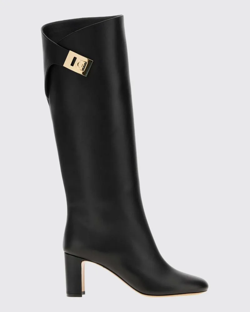 Ferragamo Kniehohe Stiefel aus glattem Kalbsleder mit hohem Blockabsatz Schwarz