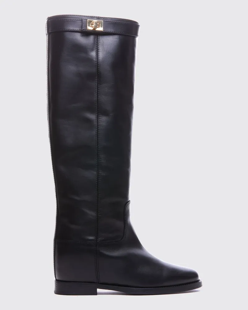 Via Roma 15 Kniehohe Glattleder-Keilstiefel mit Riemendetails Schwarz