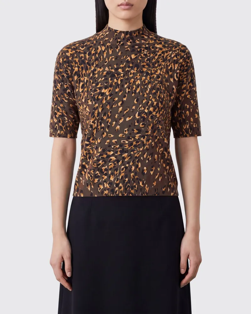 Twin-Set Slim Fit Pullover mit Animal-Print, kurzen Ärmeln und Stehkragen Braun