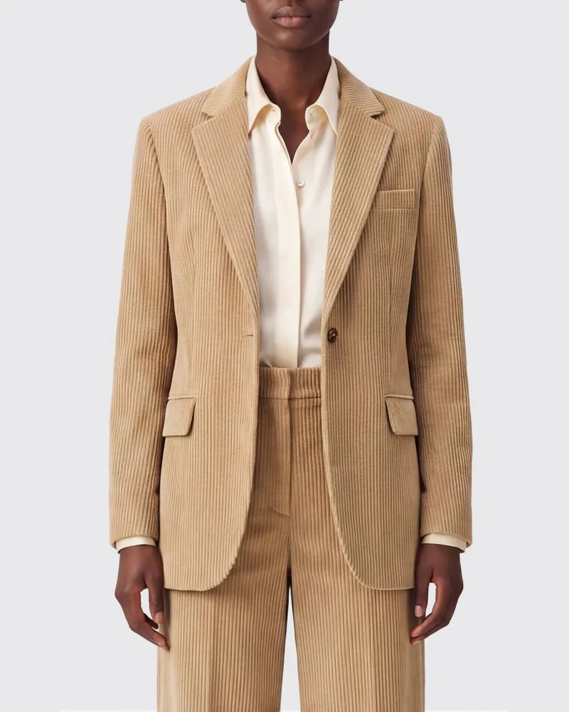 Róhe Einreihiger kurzer Blazer aus Baumwollsamt mit V-Ausschnitt-Revers Beige