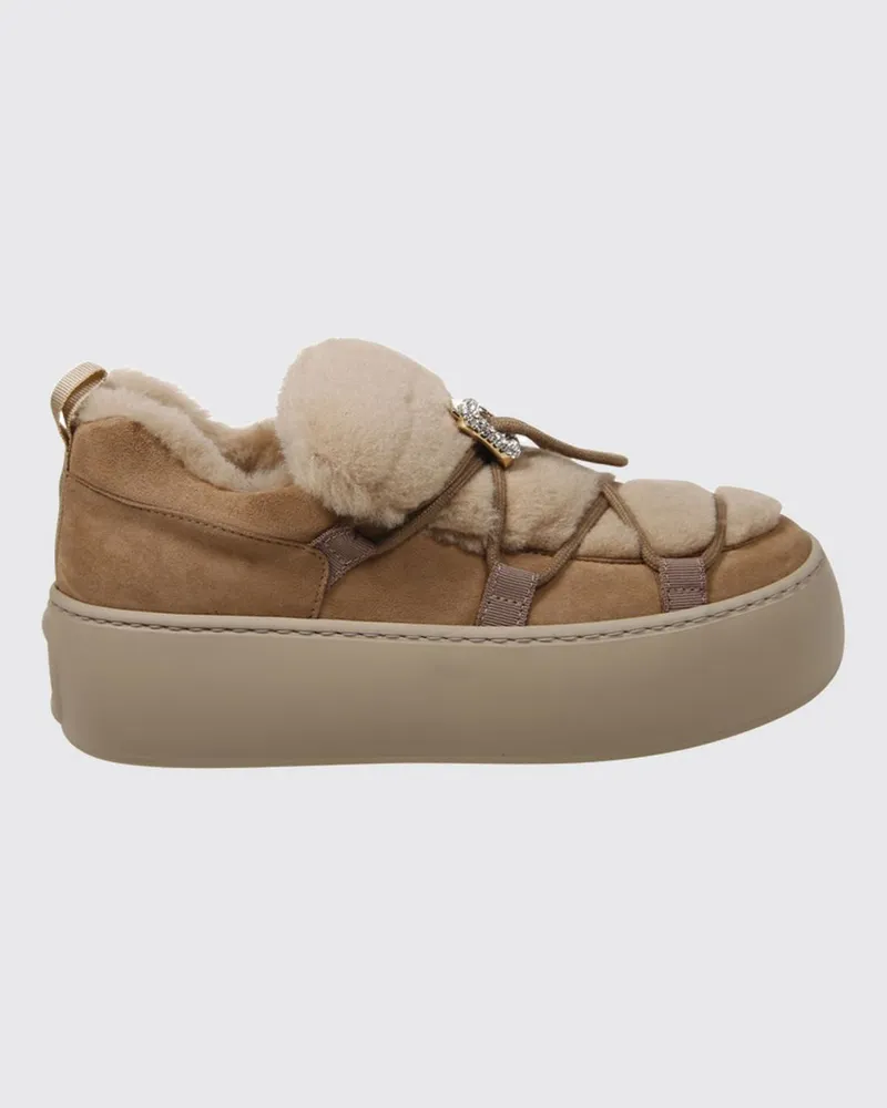 Roger Vivier Viv' Up Wildleder-Sneaker von mit Schmuckschnalle und Shearling-Futter Beige