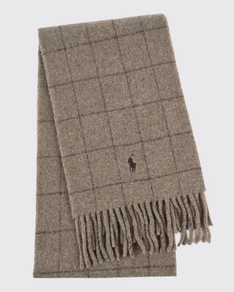 Ralph Lauren Karierter Wollmischschal mit gesticktem Logo und Fransensaum Braun