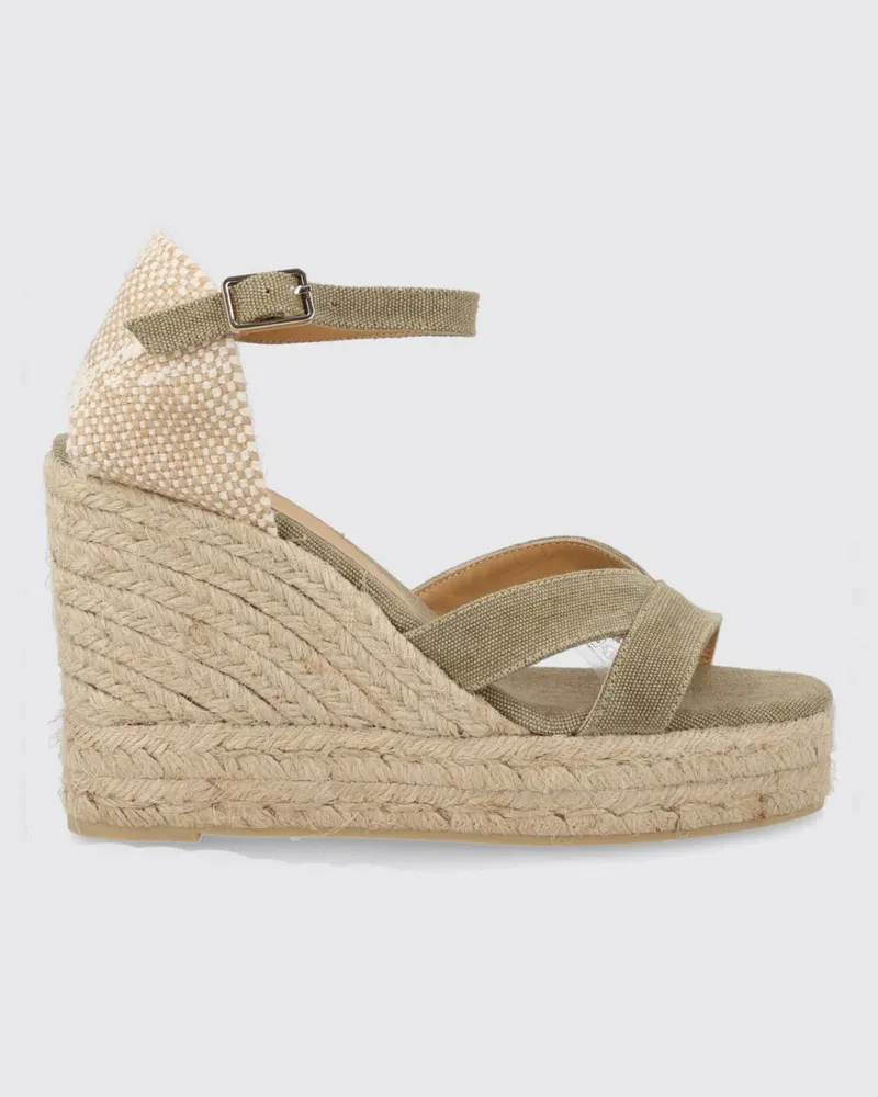 Castañer Hohe Keil-Espadrilles Bruna aus Baumwoll-Canvas mit offener Spitze und Knöchelriemen Grün