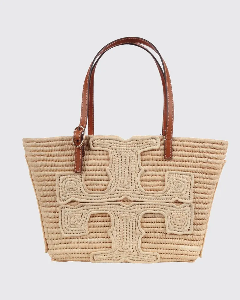 Tory Burch Ella Mini-Tasche aus gehäkeltem Bast mit gesticktem Double T-Logo Beige