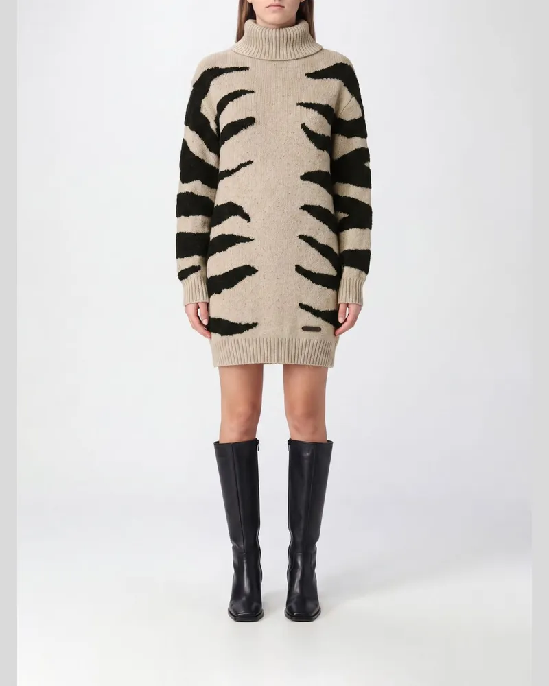Moschino Rollkragen-Pulloverkleid aus Wollmischung mit Zebramuster Ivory