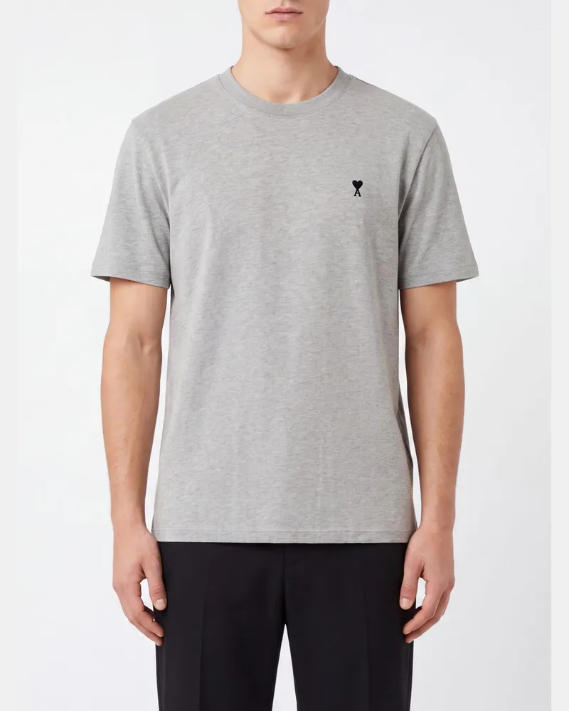 AMI Paris Rundhals-T-Shirt aus Bio-Baumwolle mit Kontrastlogo Grau