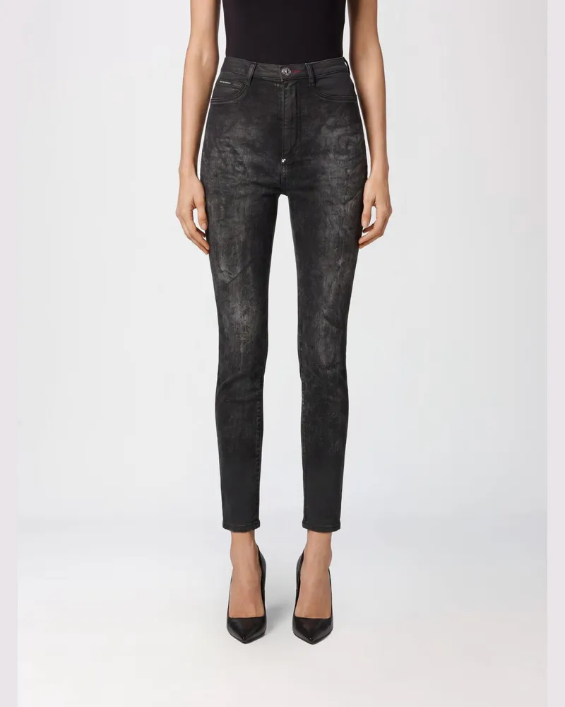 Philipp Plein High-Waist Cropped Skinny-Jeans aus Stretch mit Used-Effekt Grau